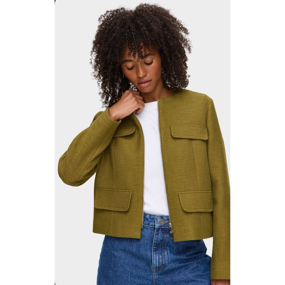 Aligne Jamala Olive Cotton Woven Boucle Cropped Blazer Jacket 12 NWT $260